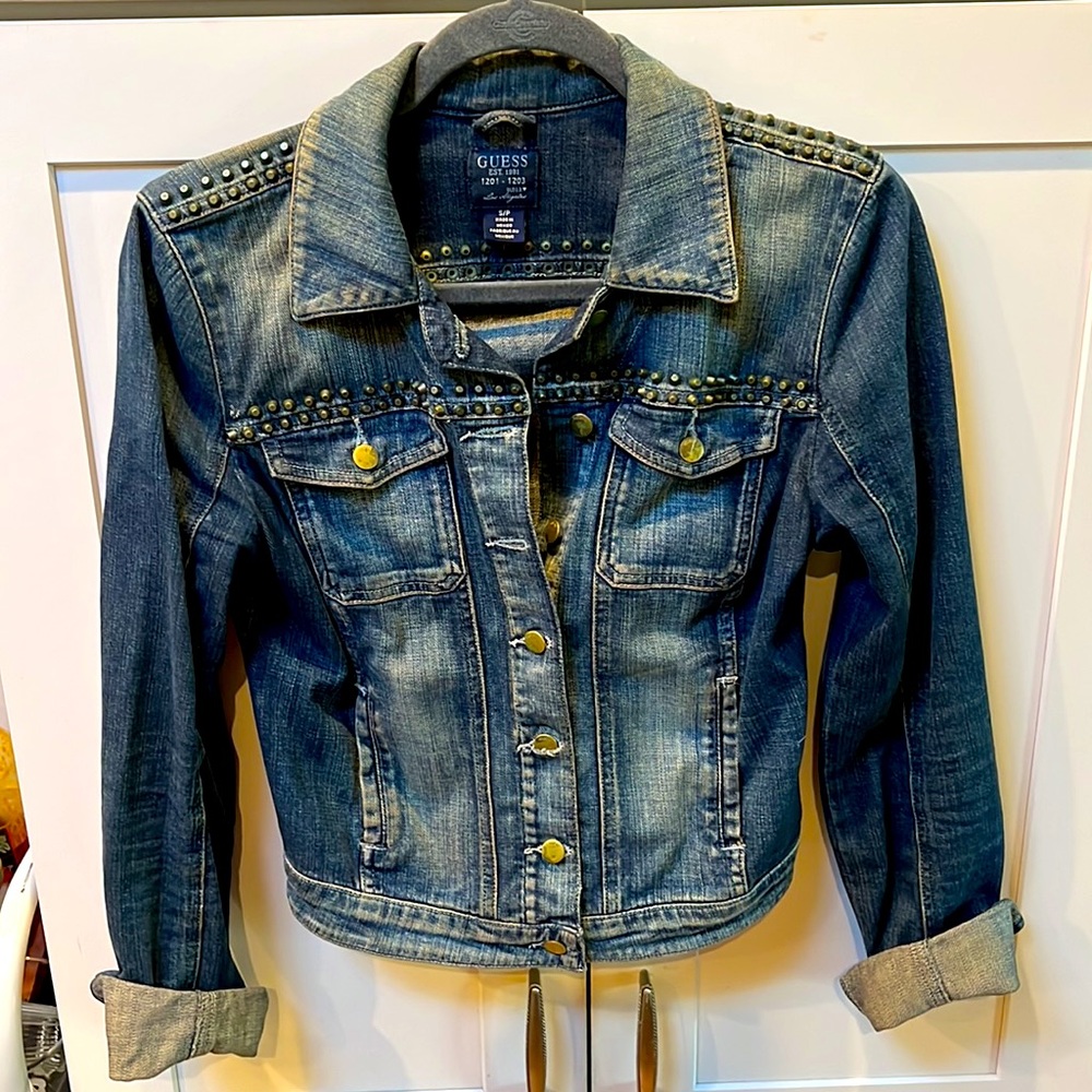 GUESS Cropped Studded Distressed Jean Jacket